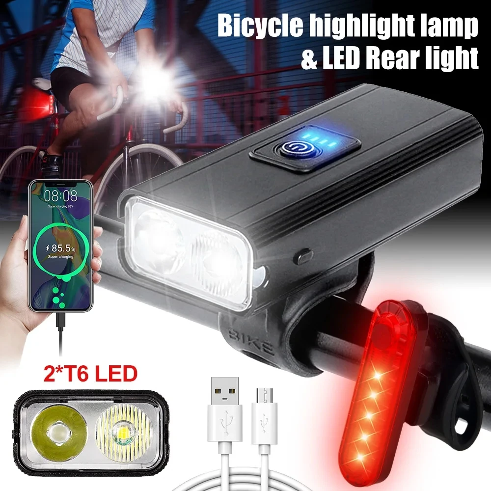 

2LED Bicycle Lights USB Rechargeable MTB Mountain Road Bike Front Lamp Power Display Cycling Flashlight With Red Tail Light