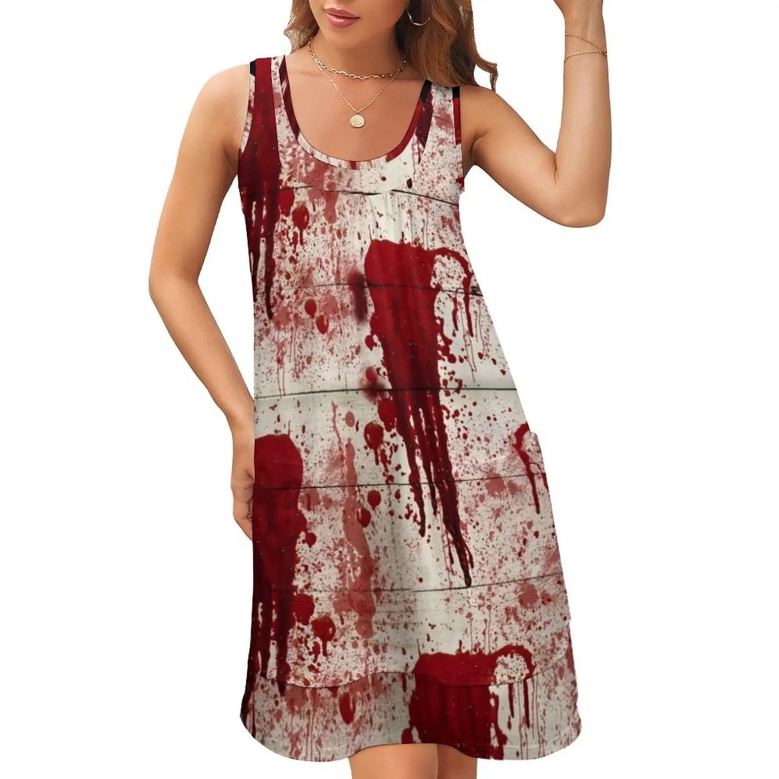 

Bloody Crime Scene Halloween Sleeveless U-Neck Fake Two Piece Dress Dress for girls Dance dresses