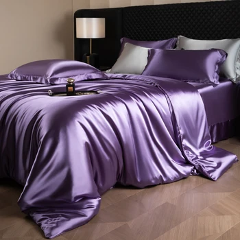 Silk Bed Sheets Set Luxury Bedding Set with Duvet Cover Fitted/Flat Bedheet Pillowcases Mixed with Rayon King Queen Full Twin 7