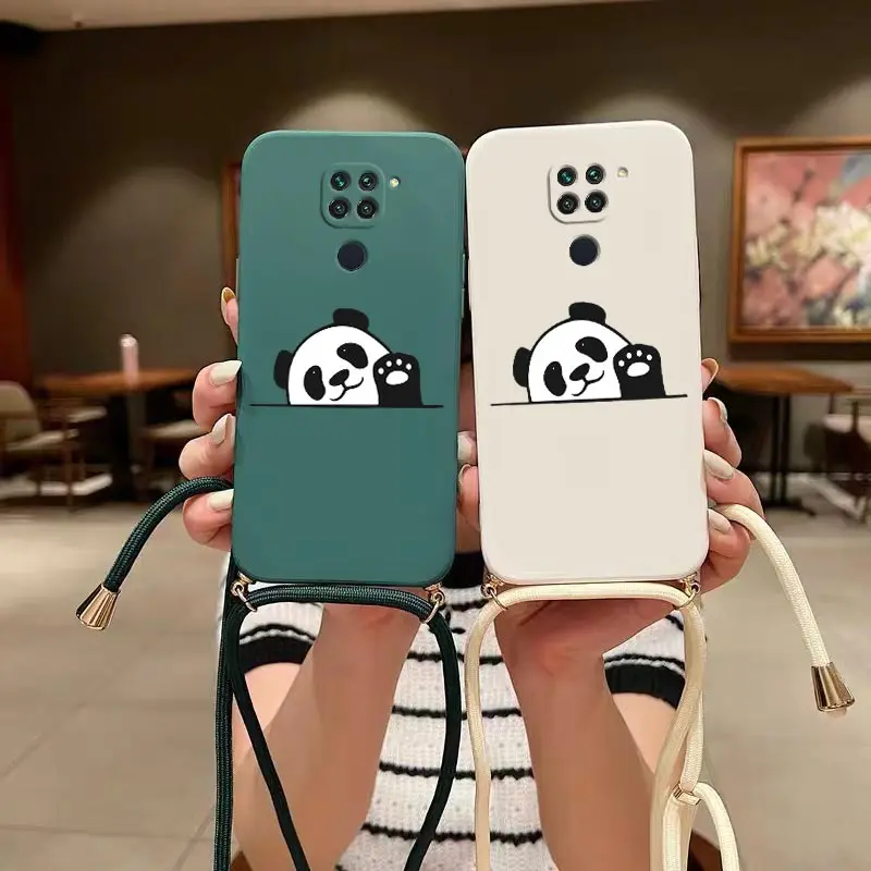 

Cute Panda Label Crossbody Lanyard Silicone Phone Case For Xiaomi Redmi Note 9 9S 9T 9Pro 8 7Pro 8Pro 10S 10 10Pro 11S 11 Cover