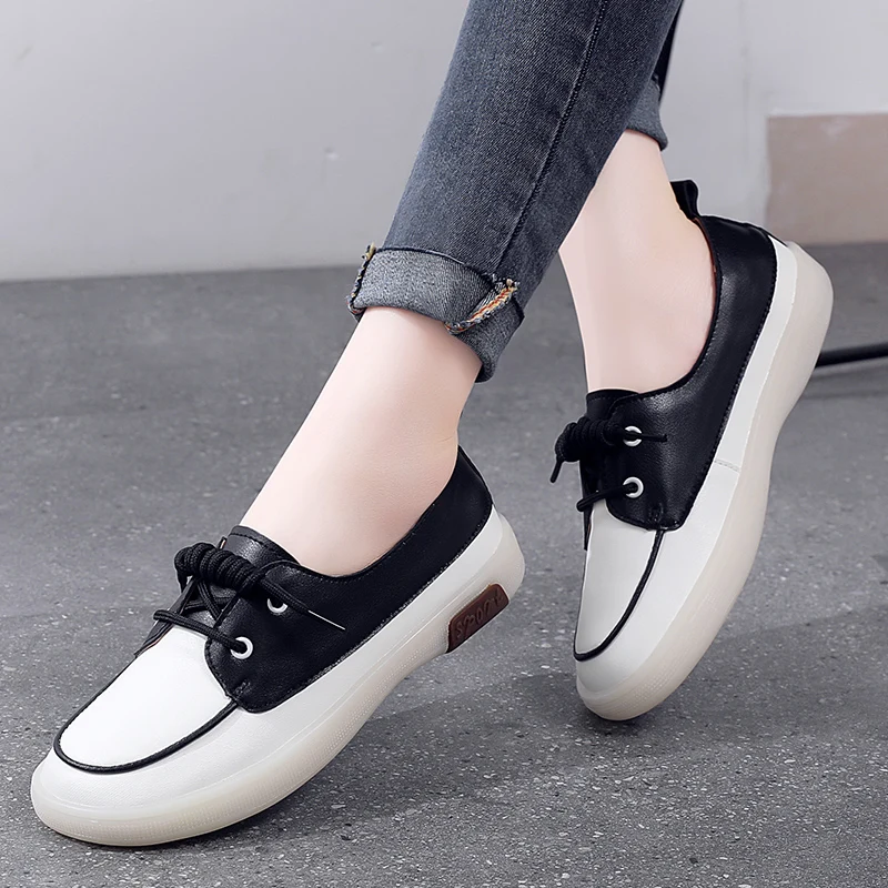 Genuine Leather Female Single Shoes Lace-up Flat Bottom Casual Korean Version of The Student Soft Bottom Board Shoes