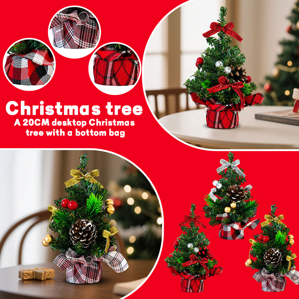 20cm Mini Christmas Tree Desktop Christmas Tree Red Black Checkered Christmas Tree Ornaments New Year Party Decoration Navidad