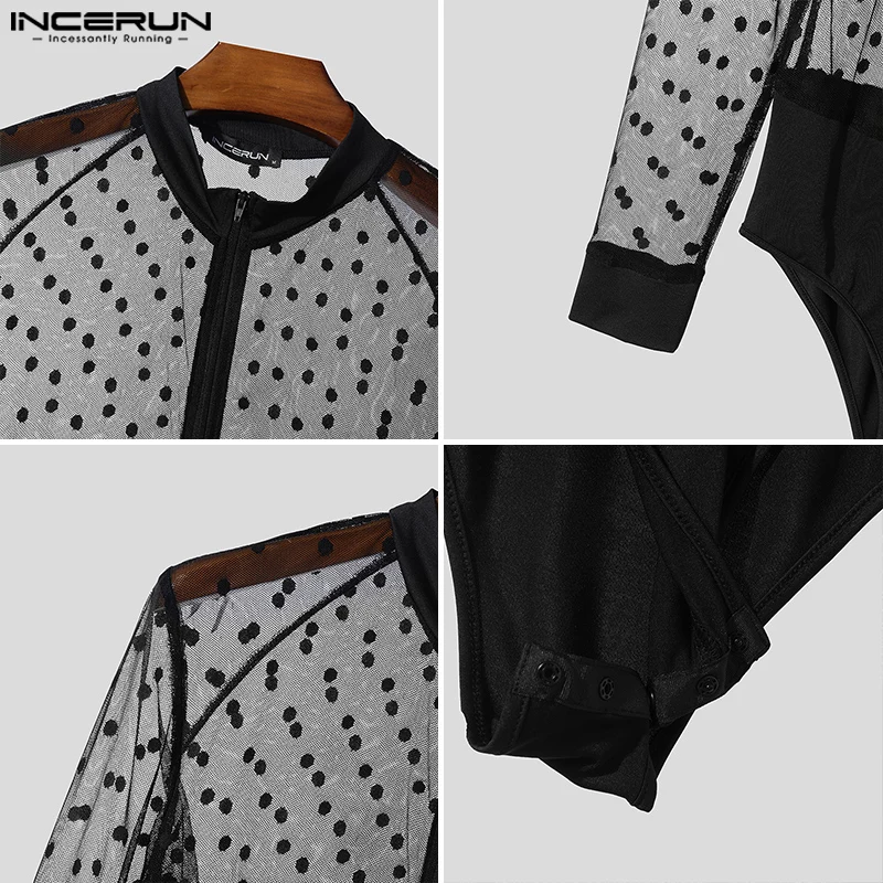 American Style Sexy Rompers Mens Stylish Homewear Jumpsuits Spliced Polka Dot See-through Mesh Thin Bodysuits S-3XL