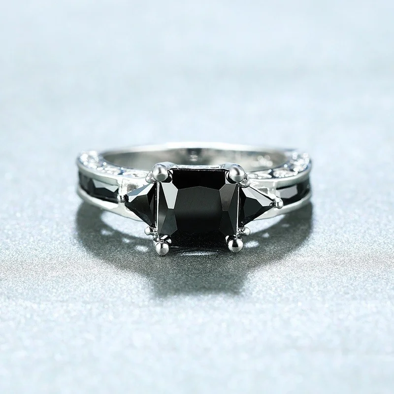 Silver Ring Delicate Trendy for Women Elegant Princess Cut Inlaid Black Zircon Stones Wedding Engagement Jewelry