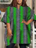 Plus Size VONDA Summer Tops Women 2024 Short Sleeve Printed Bohemian Vintage Blouses Fashion V-Neck Casual Loose Shirts Oversize - Image 4