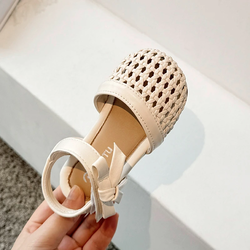 2024 Summer Baby Girls Woven Sandals Children Bow Princess Shoes Kids Barefoot Beach Shoes Soft Sole Anti Slip Infant Sandals 4