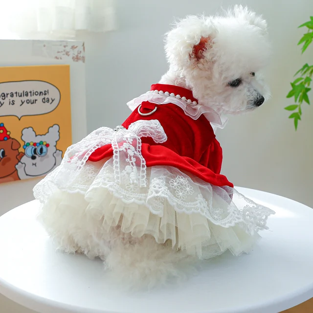 1PC Pet Apparel Dog Spring and Autumn Velvet Wedding Dress Red Princess Dress with Drawstring Buckle For Small Medium Dogs 2