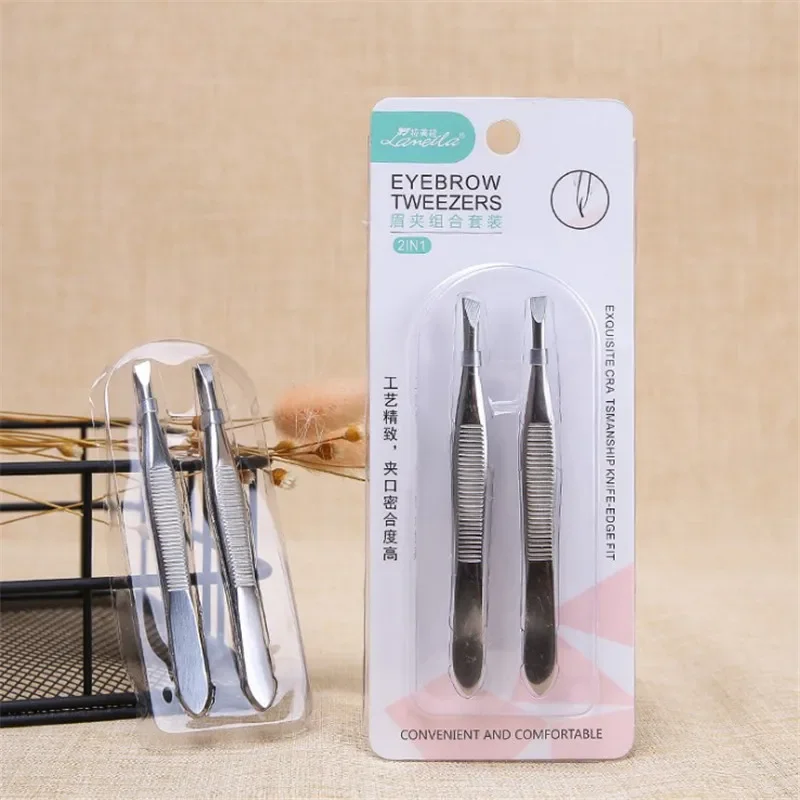 Professional Slanted/flat Stainless Steel Hair Removal Clip 2Pcs/Set Eyebrow Face Hair Remover Tweezers Eyebrow Plucking Tools