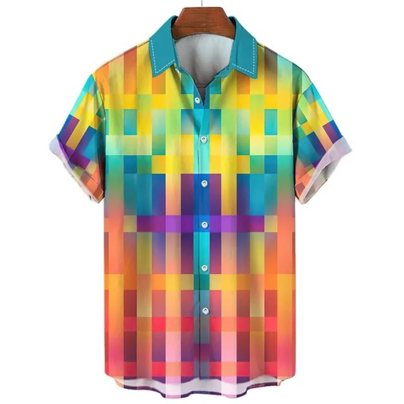 

Colorful 3d Printed Plaid Shirt For Men Causal Fashion Hawaiian Shirts Short Sleeves Button Beach Blouse Top Male Clothing