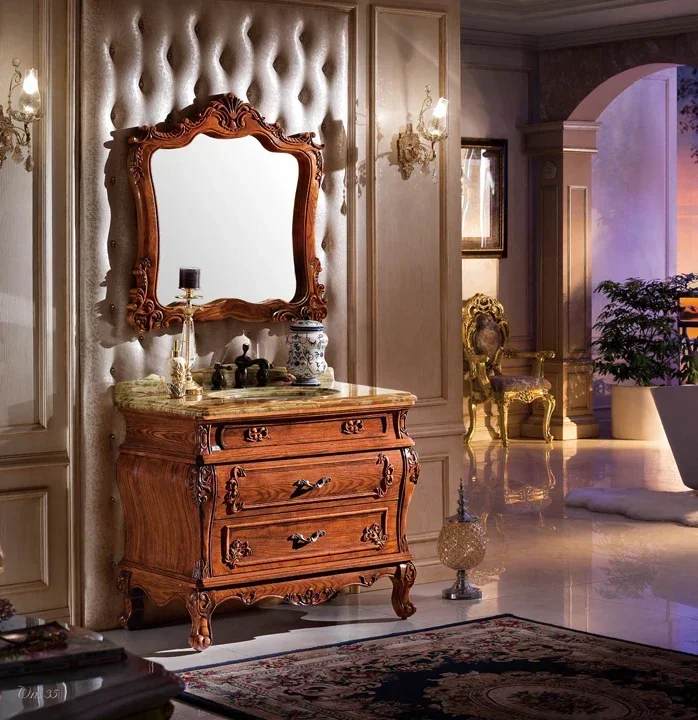 ~Solid wood European style bathroom cabinet double basin antique bathroom cabinet oak floor combination washbasin floor