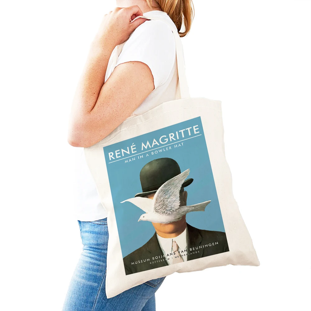 Rene Magritte Women Shopping Bags Double Print Casual Lady Shopper Bag Reusable Canvas Girl Travel Shoulder Tote Handbag