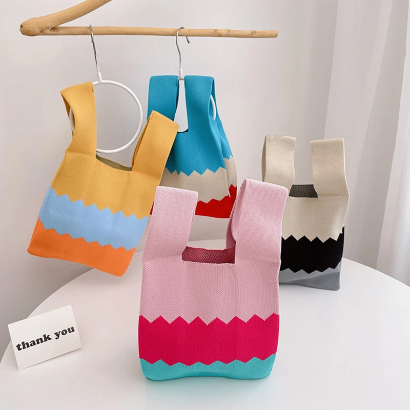 

New Flower Knitted Handbag Fashion Handmade Shoulder Bag Lady Leisure Tote Bag Japanese Student Reusable Shopping Bags