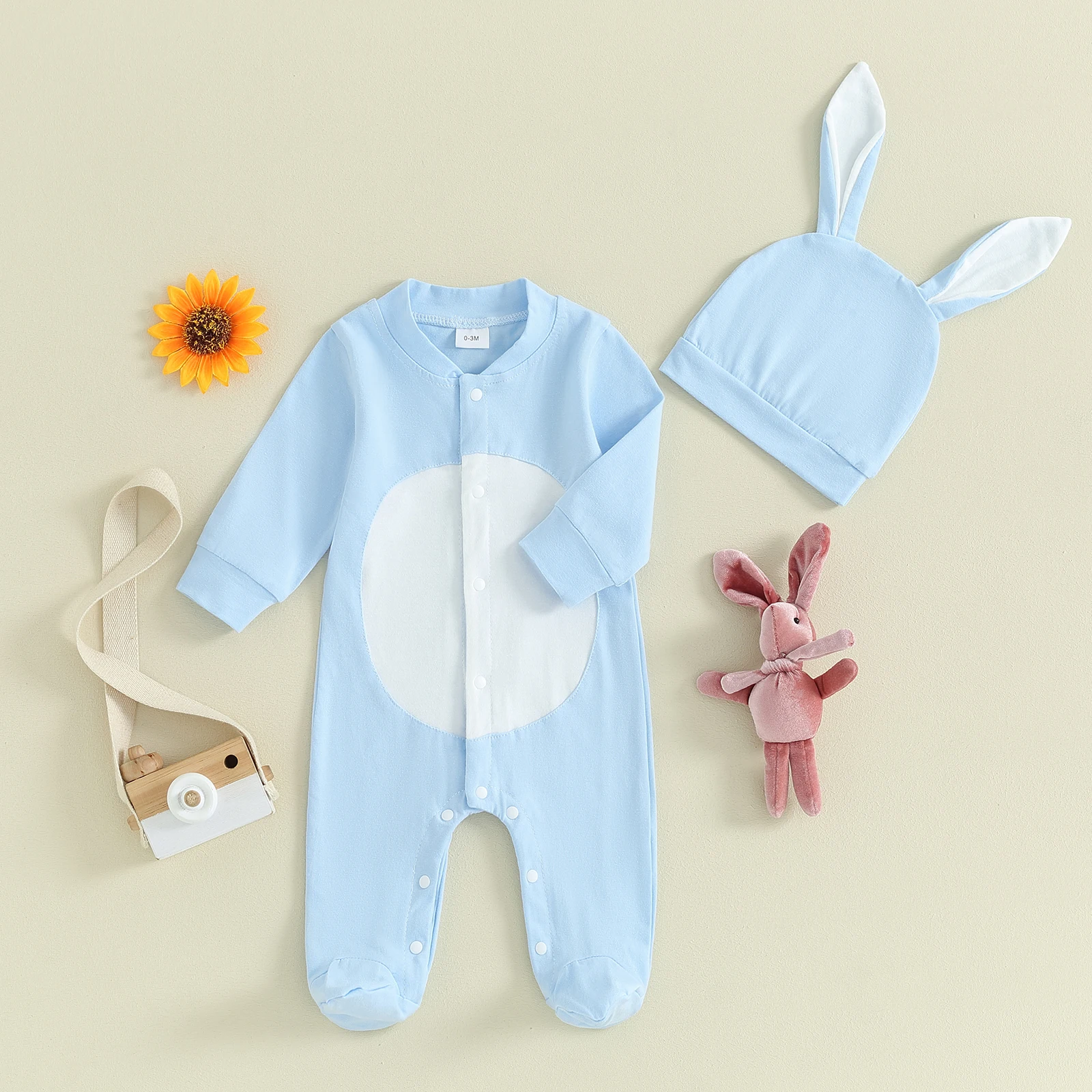 Pudcoco Newborn Baby Girl Boy 2Pcs Easter Outfits Long Sleeve Snap Up Footed Jumpsuit with Hat Set Infant Clothes 0-18M