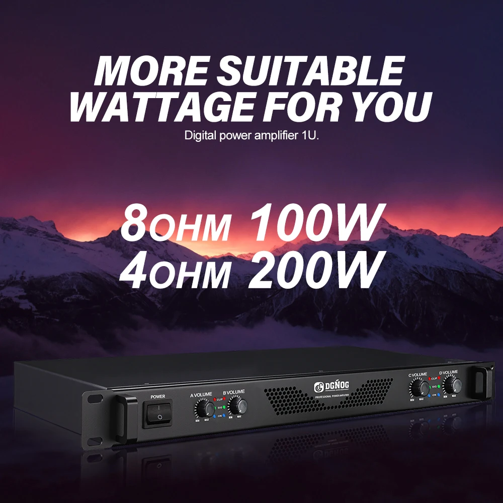 DJ Power Amplifier 4 Channel Lightweight Amplifier 1U 8 Ohm 100W 4 Ohm 200W Suitable for Small Stage Performance Karaoke DGNOG 2