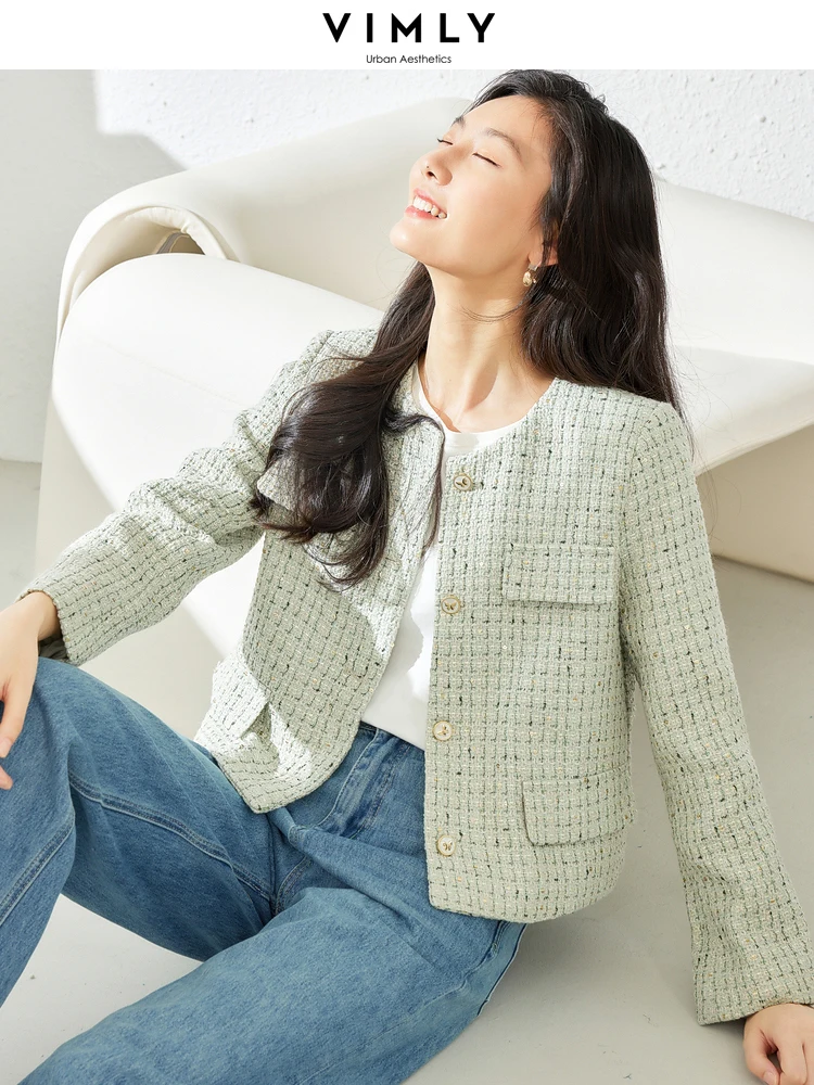 

Vimly Green Sequins Tweed Winter Jacket for Women Luxury 2023 Elegant Work Business Outerwear Textured Plaid Coat Clothes M2880