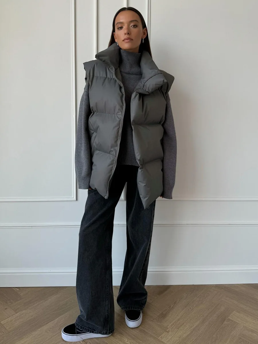 Casual Loose Sleeveless Jackets Parkas Female Winter New Streetwear Outwear For Women Lapel Tank Top Patchwork Coat