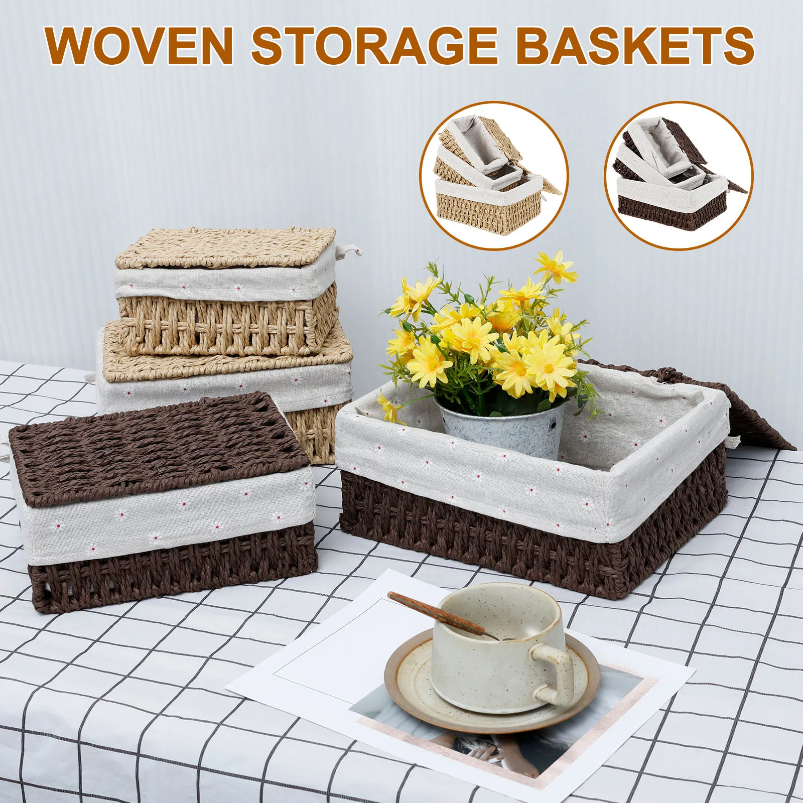 Cotton Linen Storage Baskets with Lid for Household Organization