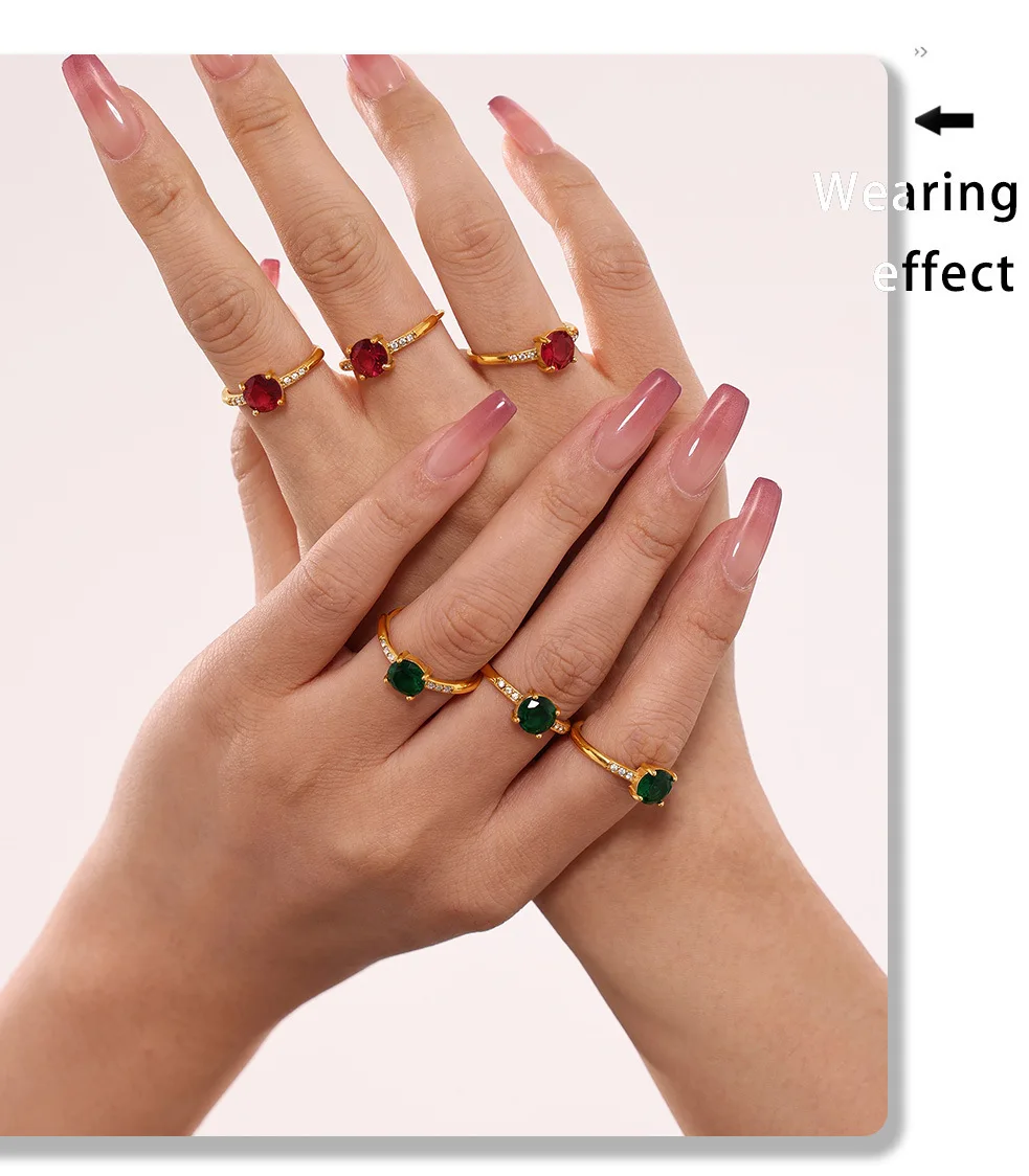 Runder Rot-Grüner Zirkonia-Ring für Damen, Edelstahl Vergoldet, Modischer Paar-Fingerring, Wasserfester Hochzeitsschmuck, Geschenk – Detail 4