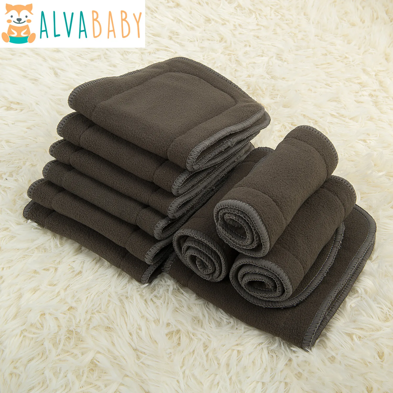 ALVABABY-Inserts de couches réutilisables pour bébé, insert de charbon de bambou, haute absorption, couche-culotte grill, 5 couches, 10 pièces par ensemble
