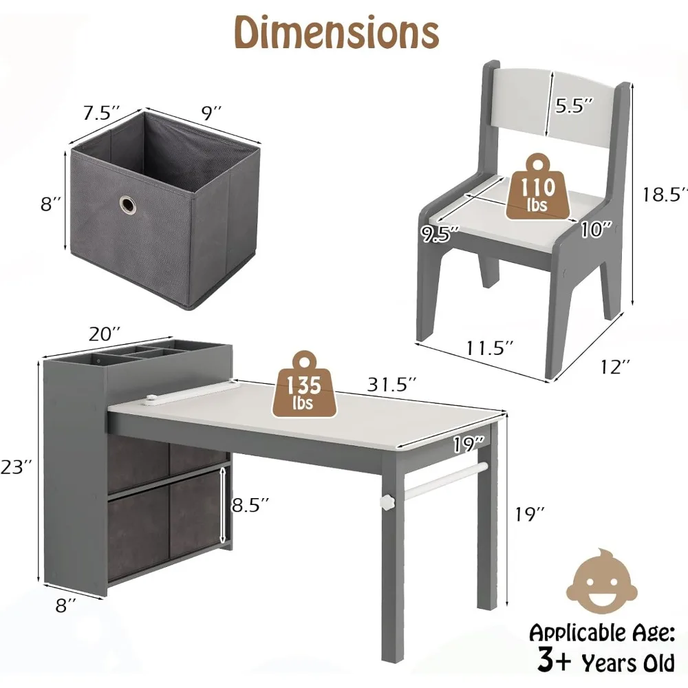 Kids Table and Chairs,3 in 1 Wooden Art Drawing Table with 2 Chairs,4 Fabric Bins,Table and Chair Set for Children Playroom 6