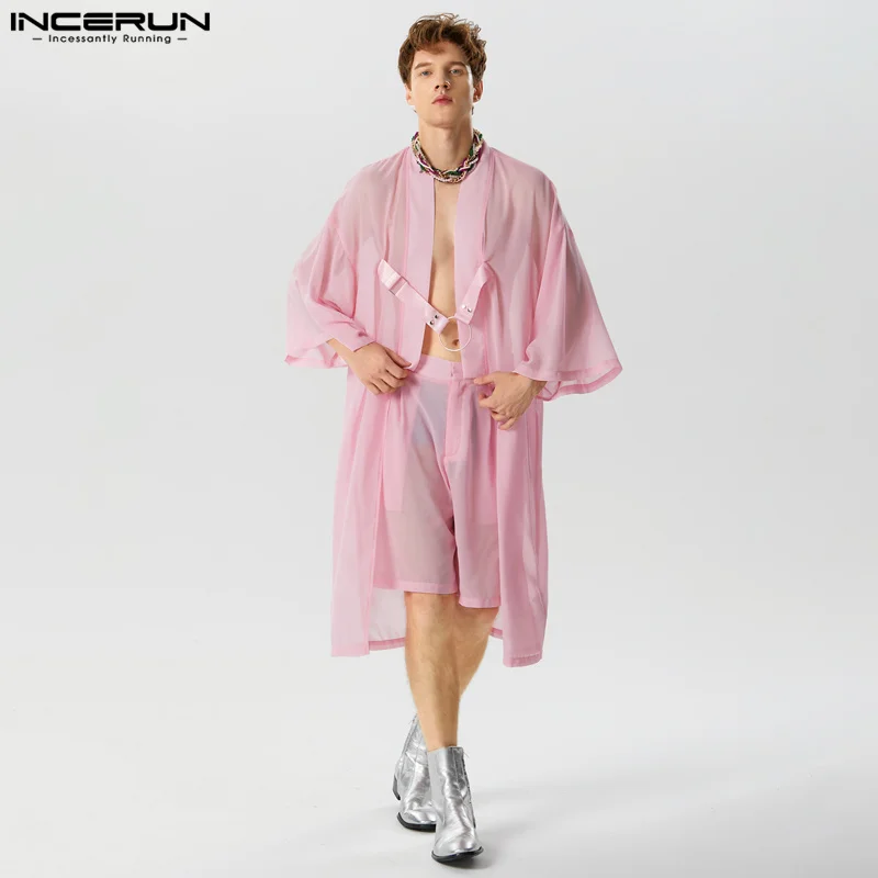 

Fashion Men Sets Mesh Transparent Loose Half Sleeve Long Style Cardigan & Shorts 2PCS Streetwear 2023 Men's Suits S-5XL INCERUN