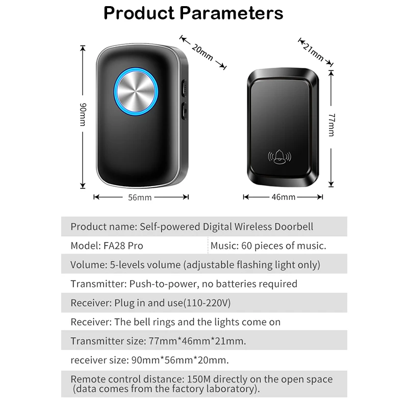 CACAZI Wireless Doorbell Sets Big Flashing Light Waterproof Door Chime 150M Long Range 60 Song Intelligent Outdoor US EU UK Plug