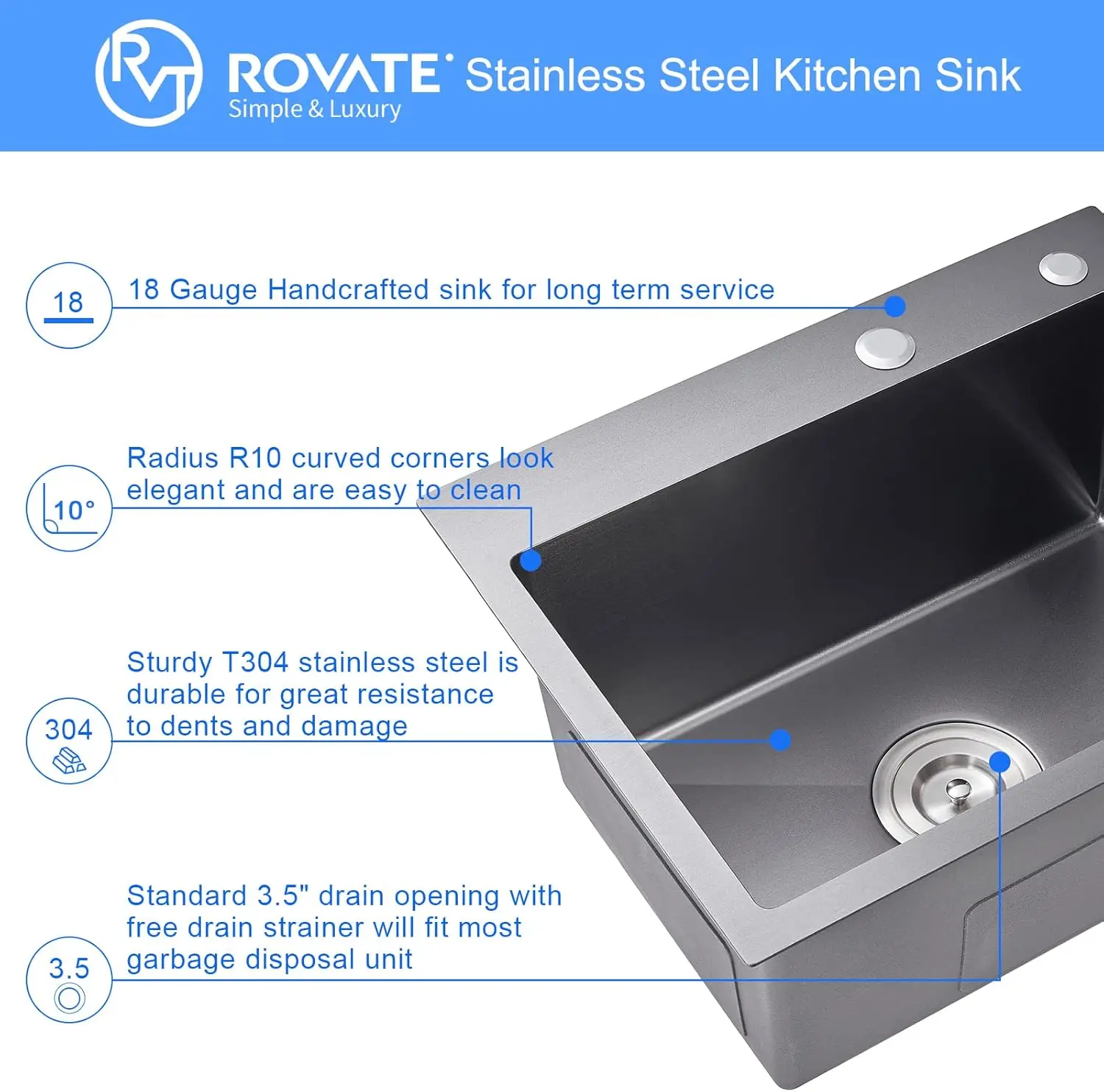ROVATE 20x16 inch Drop-in Kitchen Sink Single Bowl Black Nano Top-Mount Kitchen Sink Handmade 304 Stainless Steel Overmount