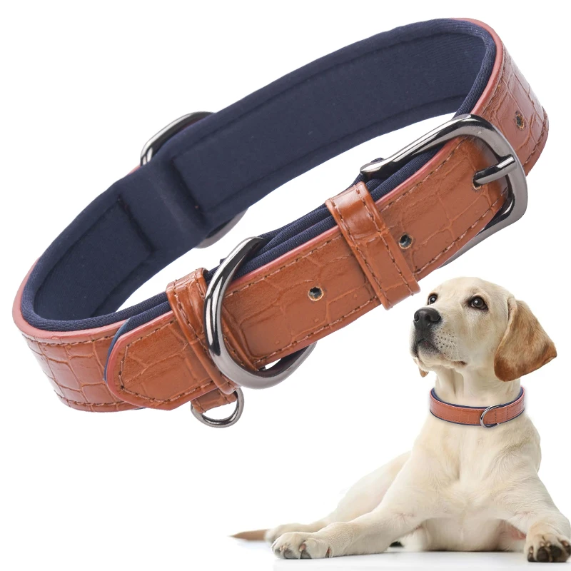 ID Tag Dog Collar Bone Printed Soft Padded Personalized Nameplate ID Leather Dog Collars for Small Medium Large