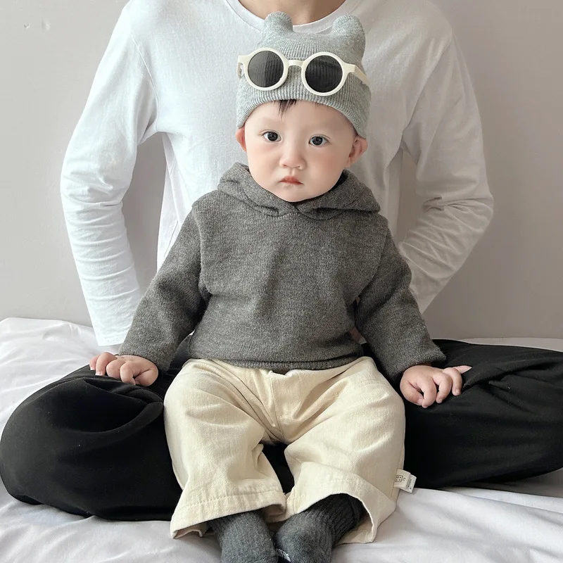 가을 겨울  ??소년 소녀 니트 후드 스웨터 솔리드 컬러 풀오버 편안한 긴팔 탑 어린이 의류 1-3 년