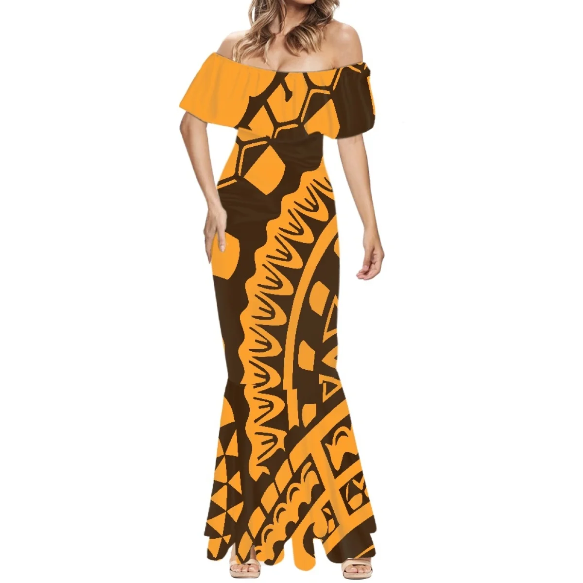 

HYCOOL Long Dress Elegant Bodycon Polynesian Tribal Clothing Yellow Tongan Samoan Tapa Flower Print Custom Cocktails Dresses