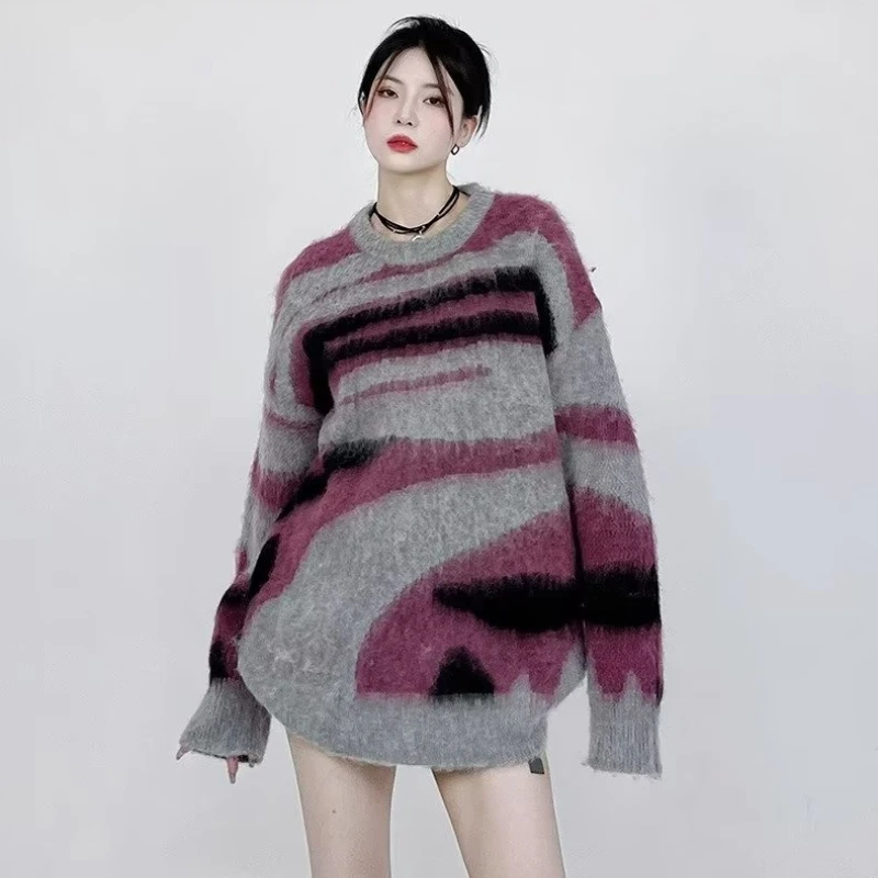 Damen Oversized Strickpullover Gestreift Im Streetwear Stil_voghion.com