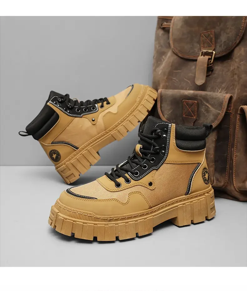 

Мужские рабочие ботинки на толстой нескользящей подошве, из кожи и сетчатой ткани, с высоким верхом, на шнуровке, защитная обувь, Новинка осени-зимы 2023