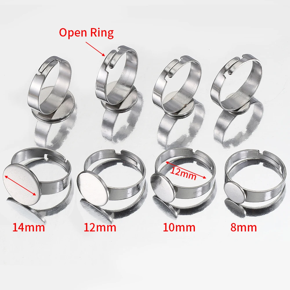 Set of 10 Stainless Steel Adjustable Ring Settings with Round Bezel Blanks