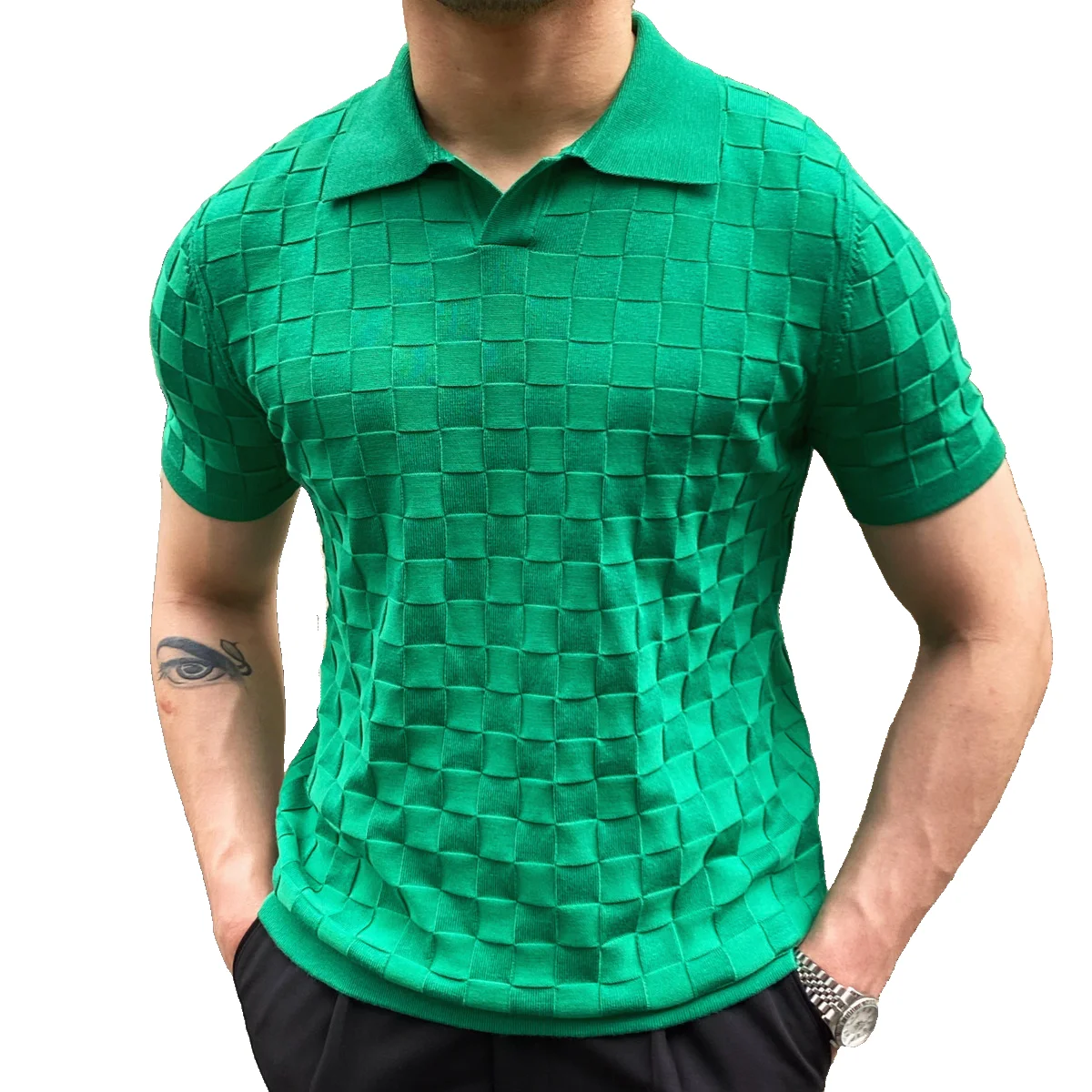Men Summer Plaid Knitted Polo Shirts 2022 Vintage Green Short Sleeve Lapel  Tee Tops Elasticity Slim Casual Business Social Polos - AliExpress