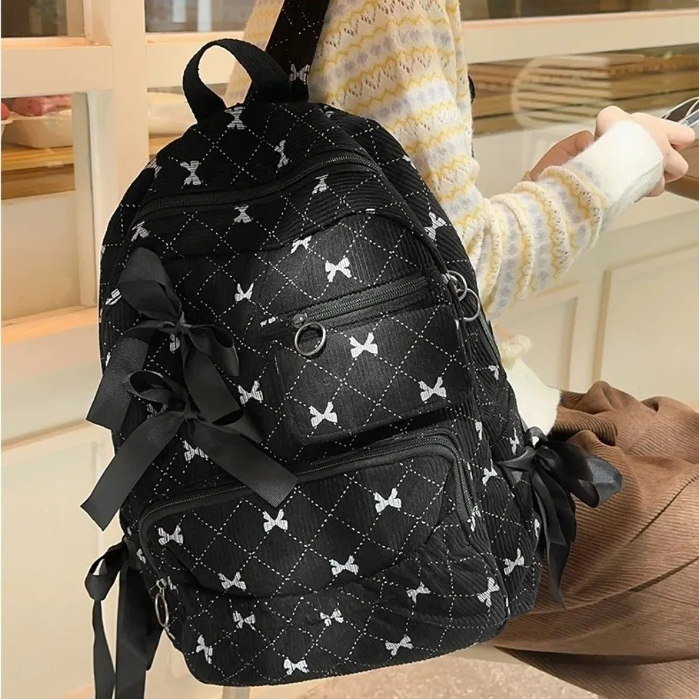 Fashion Corduroy Bow Schoolbag Large Capacity Bow Print Backpack Bag Ins Style Students Backpack Women 6