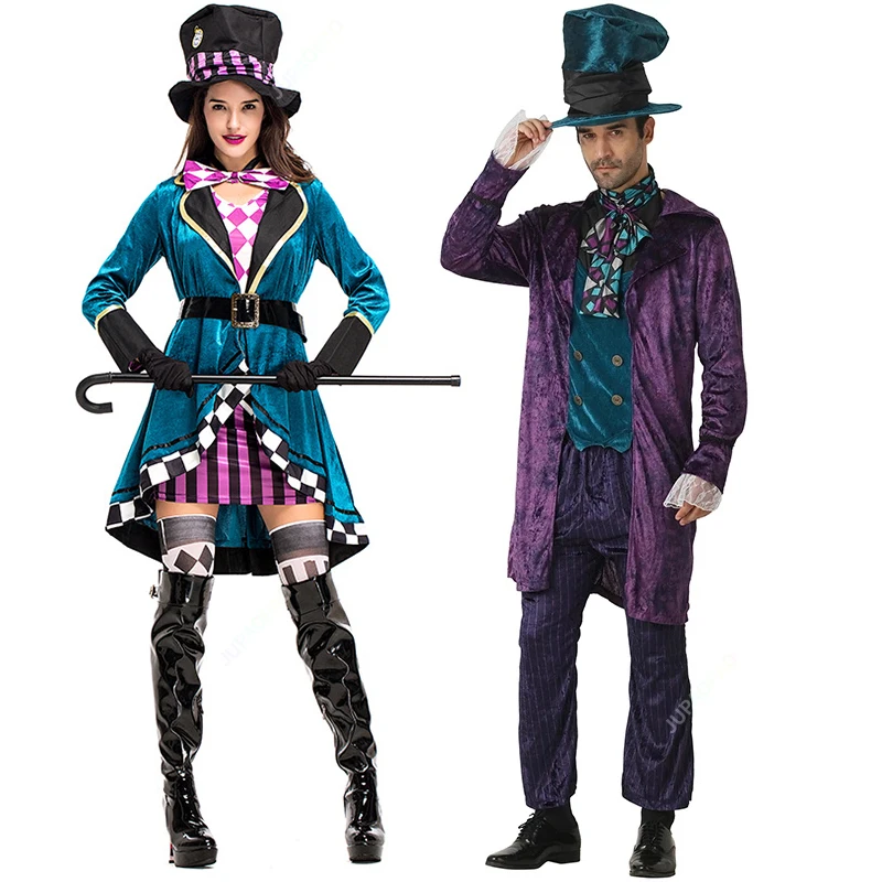

High Quality Men Women Halloween Costume for Adult Alice in Wonderland Authentic Mad Hatter Costume Mens Madam Purim Cosplay