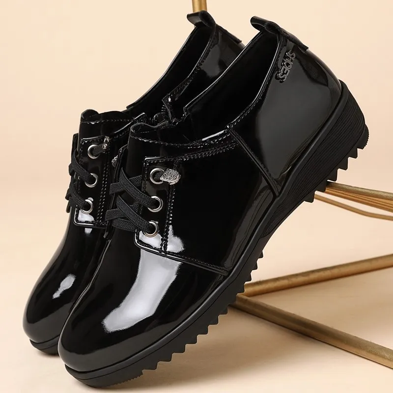 DIMANYU Women's Loafers Lace-up 2024 Spring Patent Leather Lace-up Women's Wedge Heels Non-slip Plus Size Mom Shoes