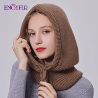 ENJOYFUR Women Balaclava Hats Unisex Knitted Hooded Caps Outdoor Warmer Drawstring Hats One-Piece Neck Collar Beanies Cap 1