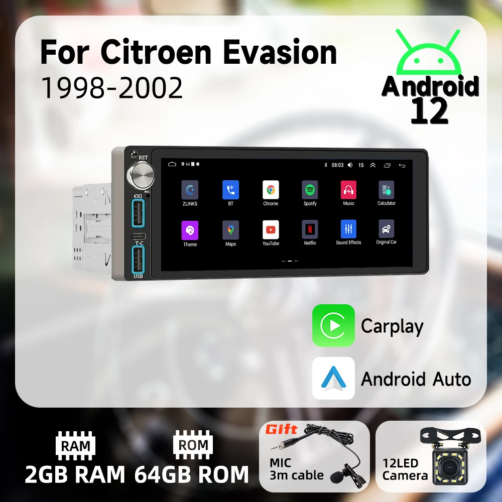 

Carplay 1 Din Radio Android Car Multimedia for Citroen Evasion 1998-2002 6.86" Screen Stereo Head Unit Autoradio GPS Navigation