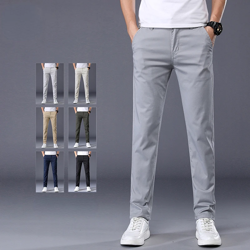 

2023 New Summer Casual Pants Men 98%Cotton Solid color Business Fashion Slim Fit Stretch Gray Thin Trousers Male Brand Clothing