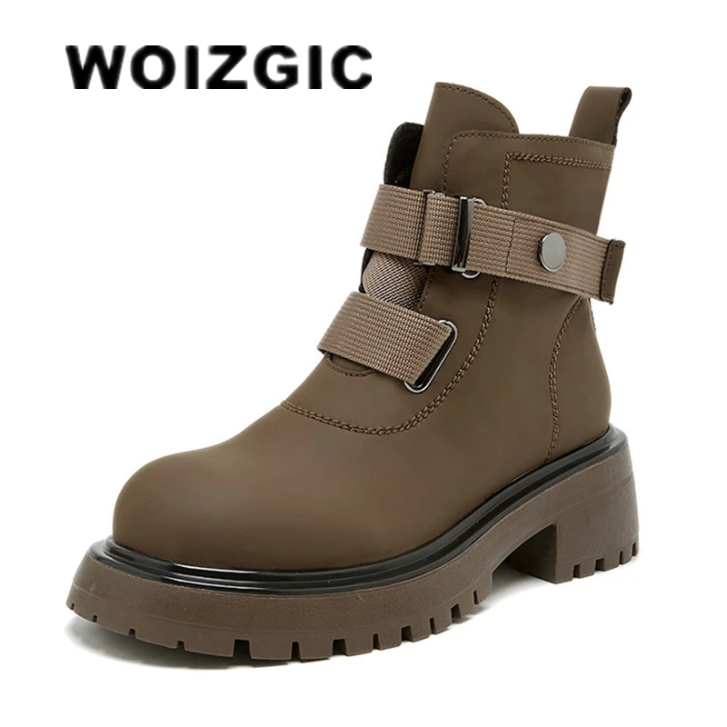 

WOIZGIC Women's Ankle Mother Female Genuine Leather Boots Shoes Platform Autumn Spring British Style Non Slip Zipper