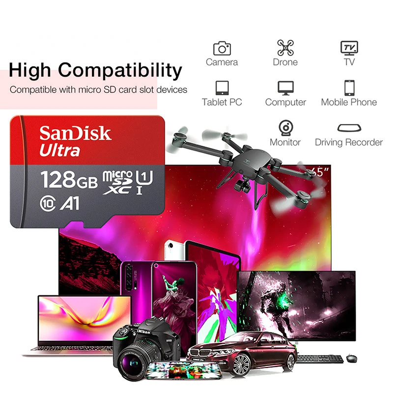 SanDisk Uitra 마이크로 SD 카드, 휴대폰용 메모리 카드, 32GB, 64GB, 128GB, 256GB, 512GB, 1 T, MicroSD C10, A1, TF 플래시 카드