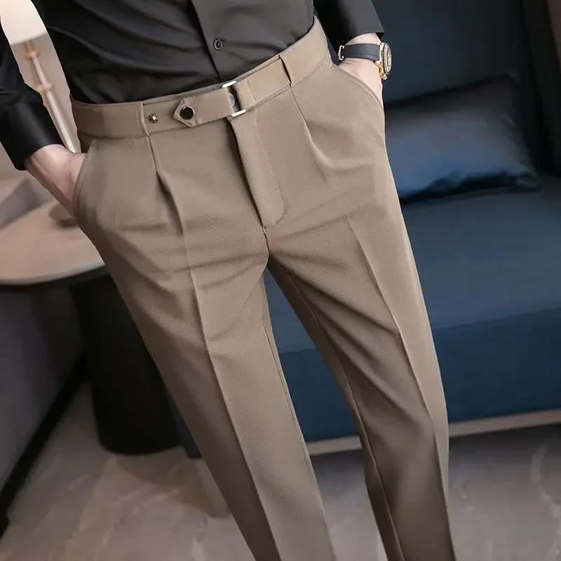 thumbnail image 1 of Pantalones de verano para hombre, corte entallado, 9 pulgadas, corte recto, elástico, para negocios, para uso social, para traje masculino, con trenzas, elásticos, formales, económicos, 1 of 5