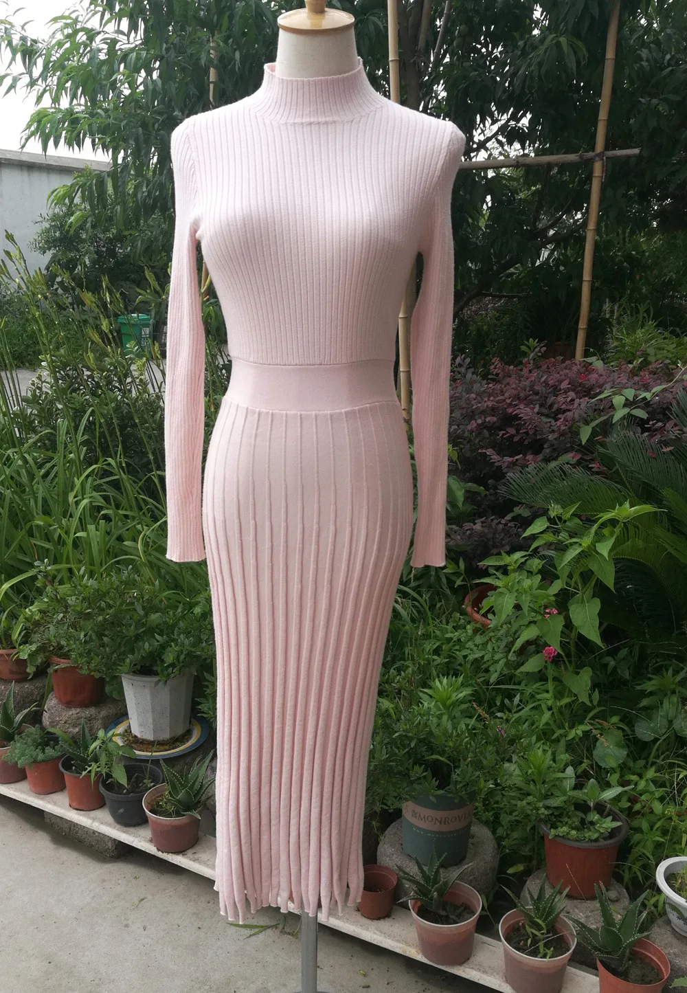Vestido de punto plisado acanalado para mujer, suelto, de moda, con retazos, manga larga, cintura alta, de punto, vestido maxi femenino de otoño, nuevo