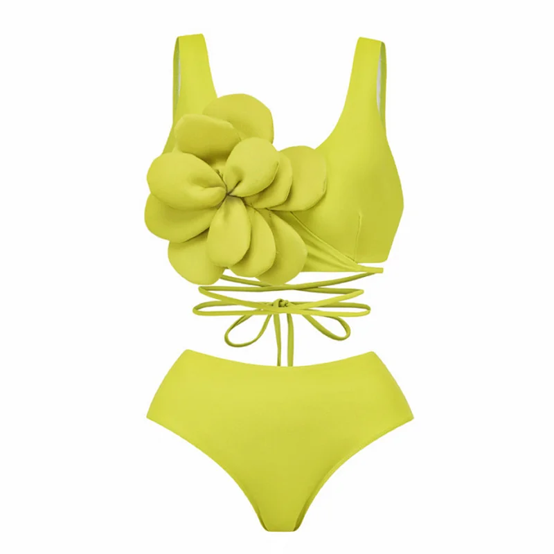 2024 Bikini Floral Ruffled Bikini Set Women 3D Flower High Waist Two Piece Swimsuit Beach Wear Bathing Suit Swimwear Biquinis