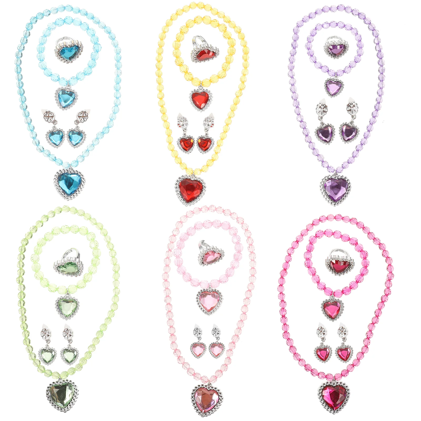 6 Sets Girls Jewelry Set Yellow Green Rose Necklace Bracelet Earrings Kids Dress Up Costume Accessory