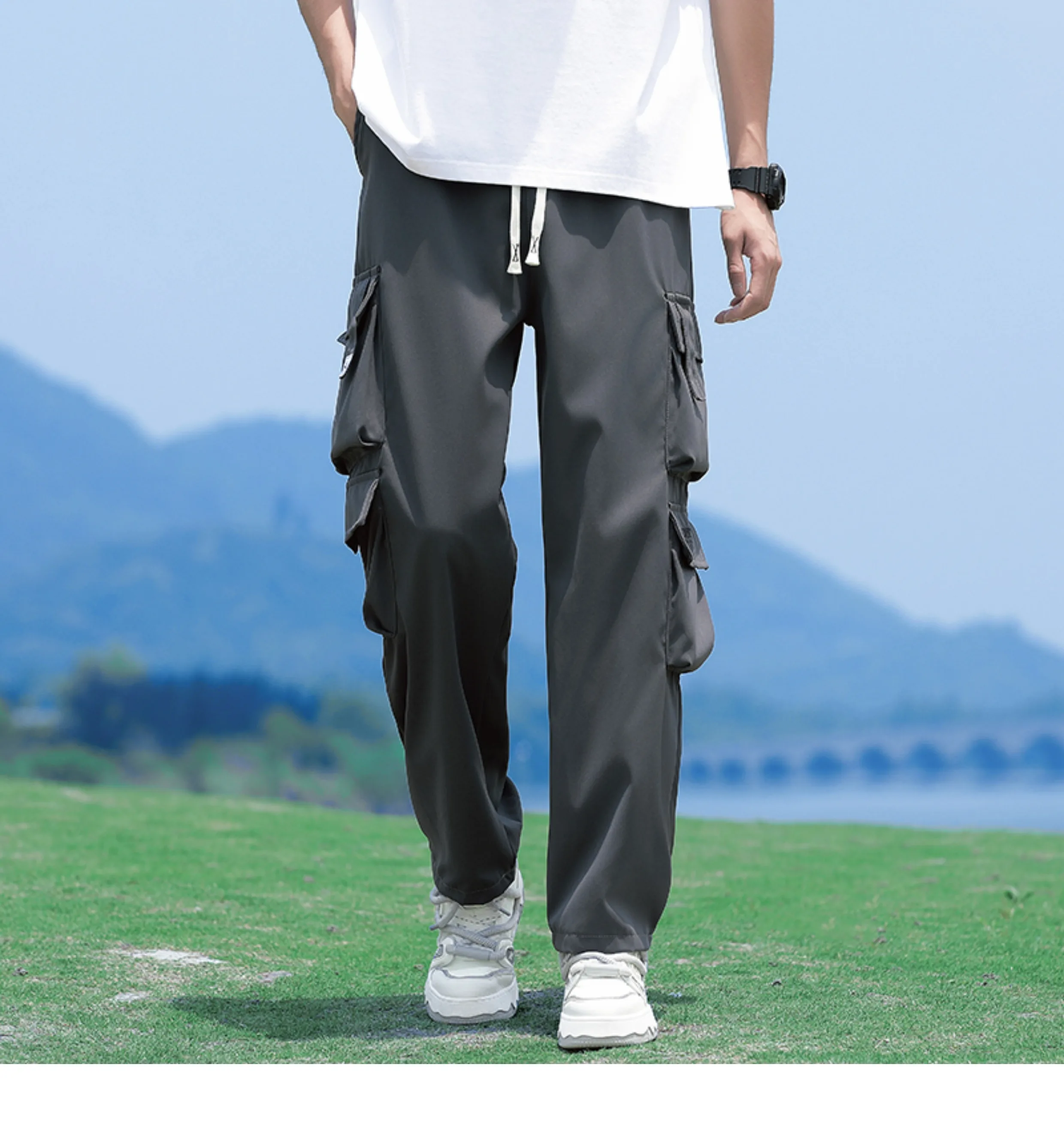 بنطال كارجو عتيق واسع الساق للرجال ، بنطلون مستقيم...