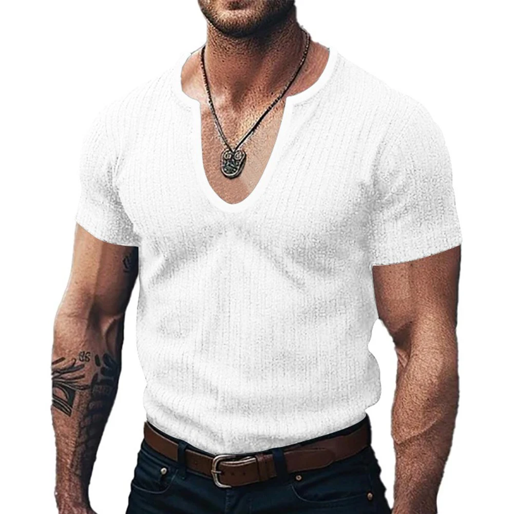 

Comfy Fashion T Shirt Men Regular Short Sleeve Slight Stretch Solid Color Summer V Neck Casual Top Comfortable