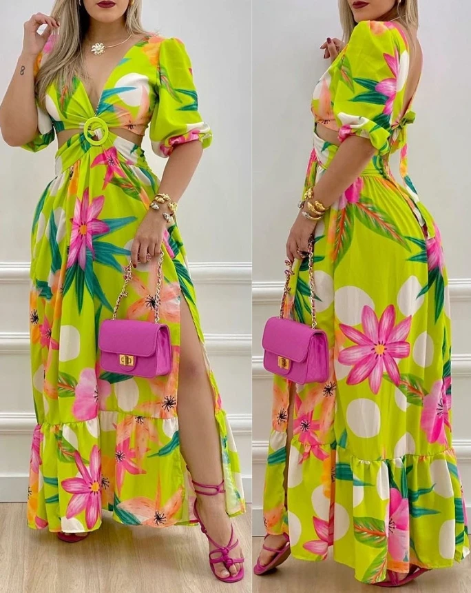 

Small Fresh Floral Print O-Ring Twisted Cut with Waist Cinched Slit Large Skirt Hem Fashion Casual Long Skirt Temperament Dress