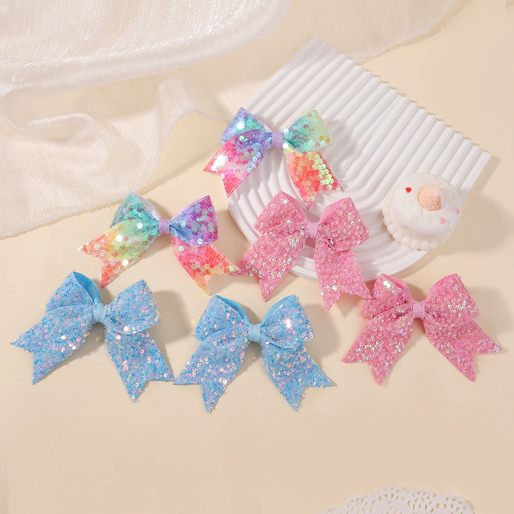 2Pcs 여자를위한 스팽글 보우 헤어 클립 여성 어린이 그라디언트 레인보우 스팽글 헤어 바레트 귀여운 헤어 액세서리 모자 패션